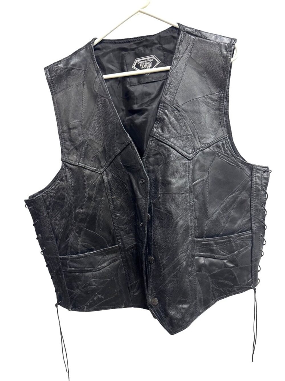 Diamond Plate Buffalo Leather Vest With Side Laces & Snap Buttons